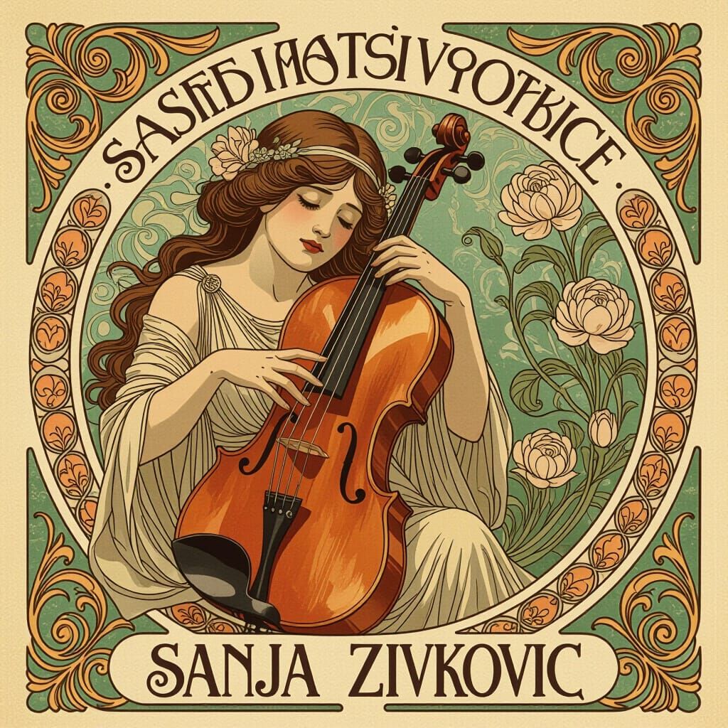 Art Nouveau Violin Illustration with Floral Motifs