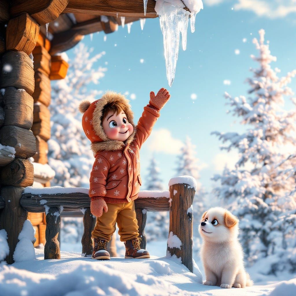 Joyful Winter Scene: Chubby Boy and Curious Puppy on Porch