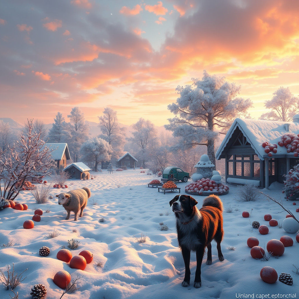 Snowy Fruit Garden with Animals: Matte Painting