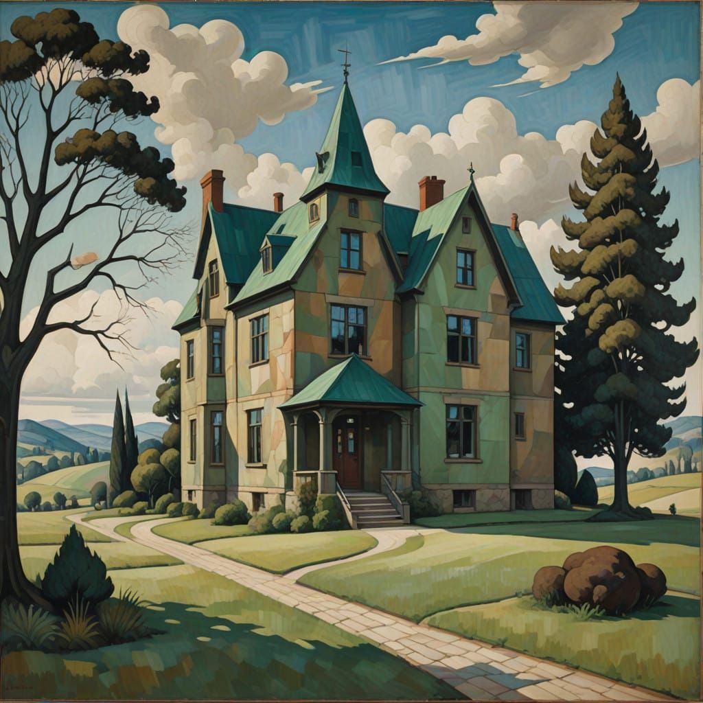 Gothic American Farmhouse in Muted, Mystical Landscape