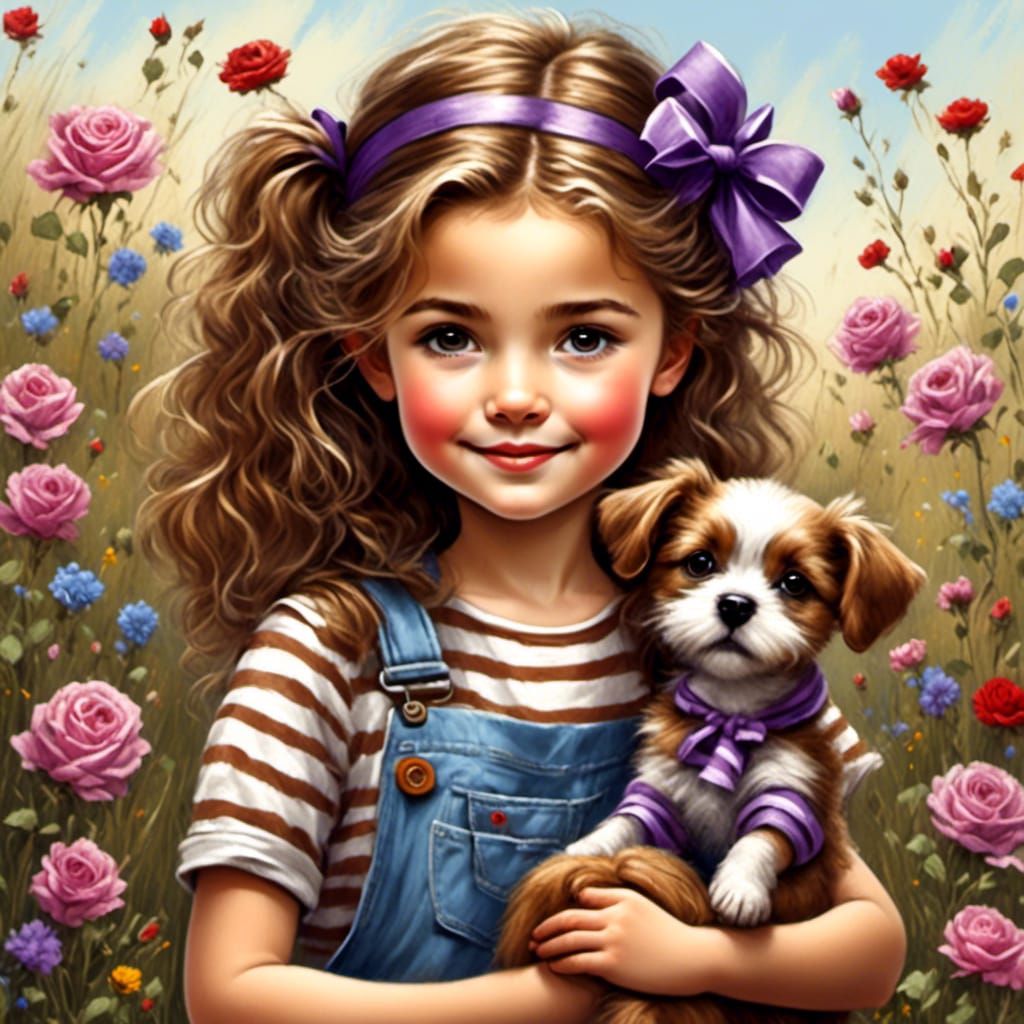 Girl with Puppy in Wildflower Field, Chalk Art