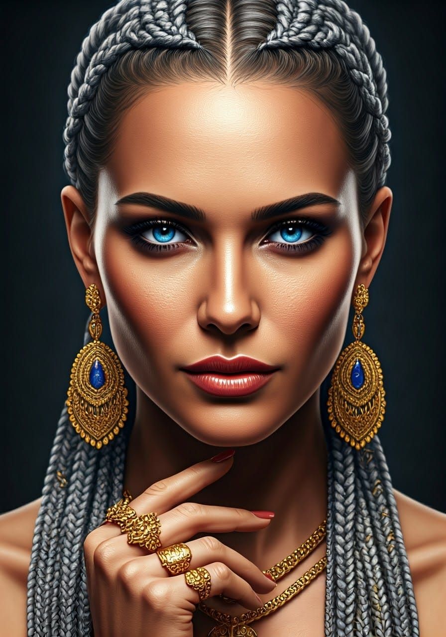 Elegant Woman with Silver Braided Hair in Gold Accents