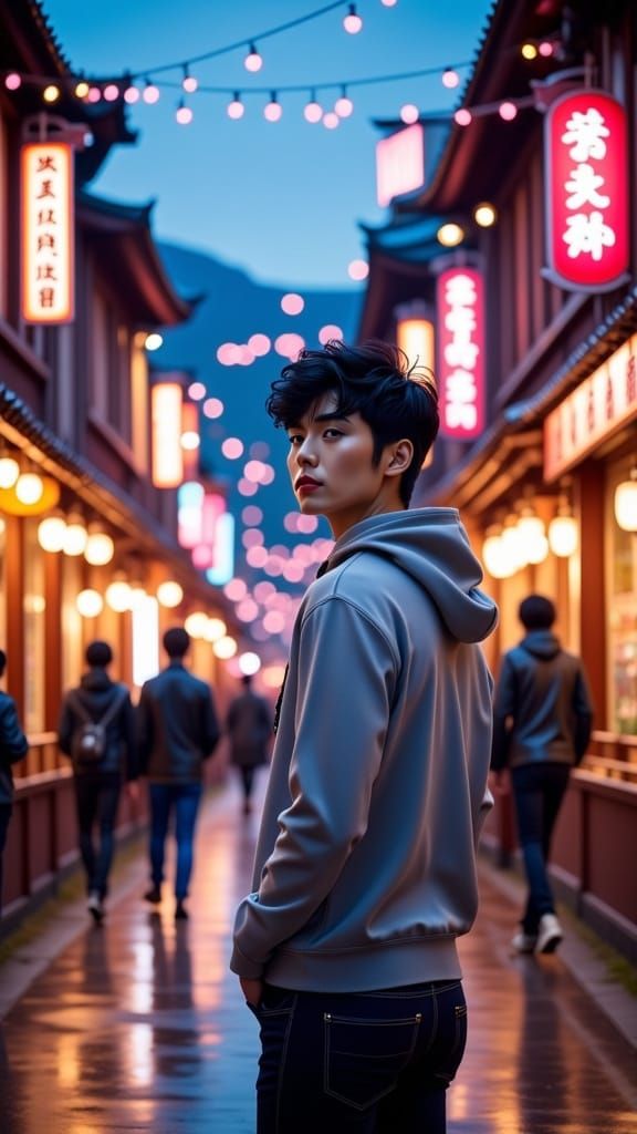Anime-Inspired Young Man in Tokyo Streets at Sunset