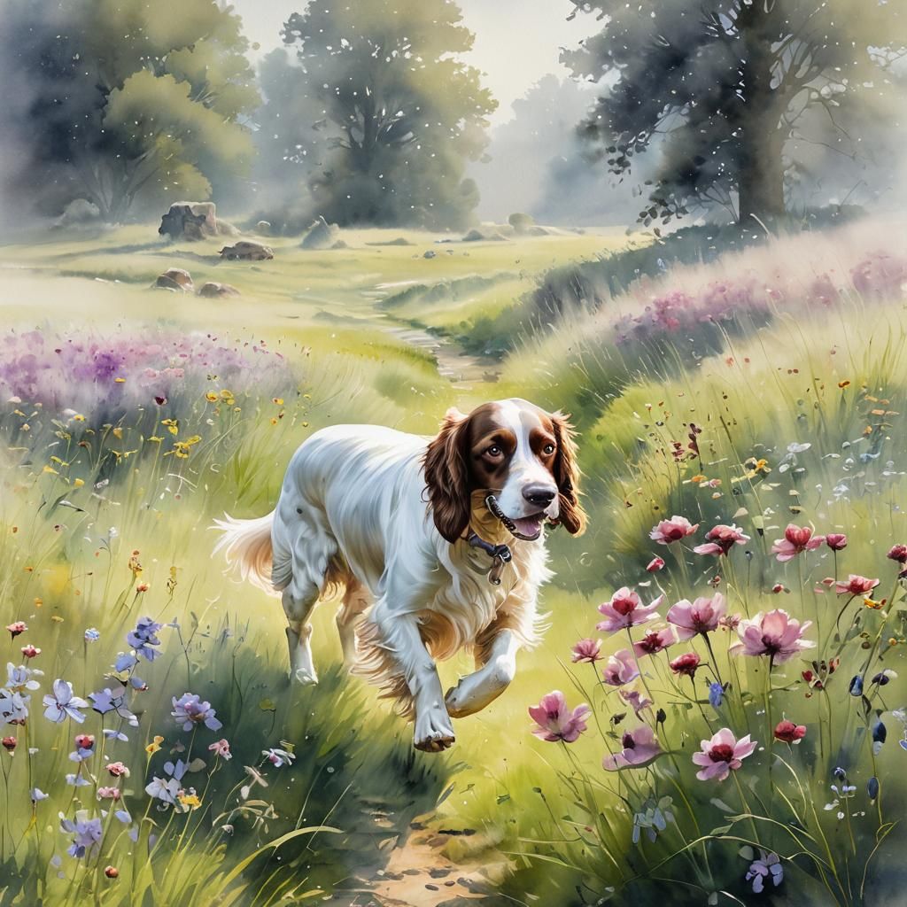 Spaniel in Meadow: Watercolor Painting in David Tayler Style
