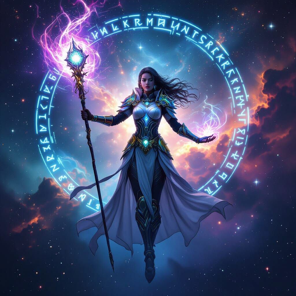 Space Sorceress in Cosmic Armor with Glowing Staff