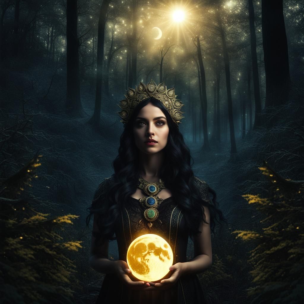 Surreal Dark Fantasy: Woman Between Sun and Moon