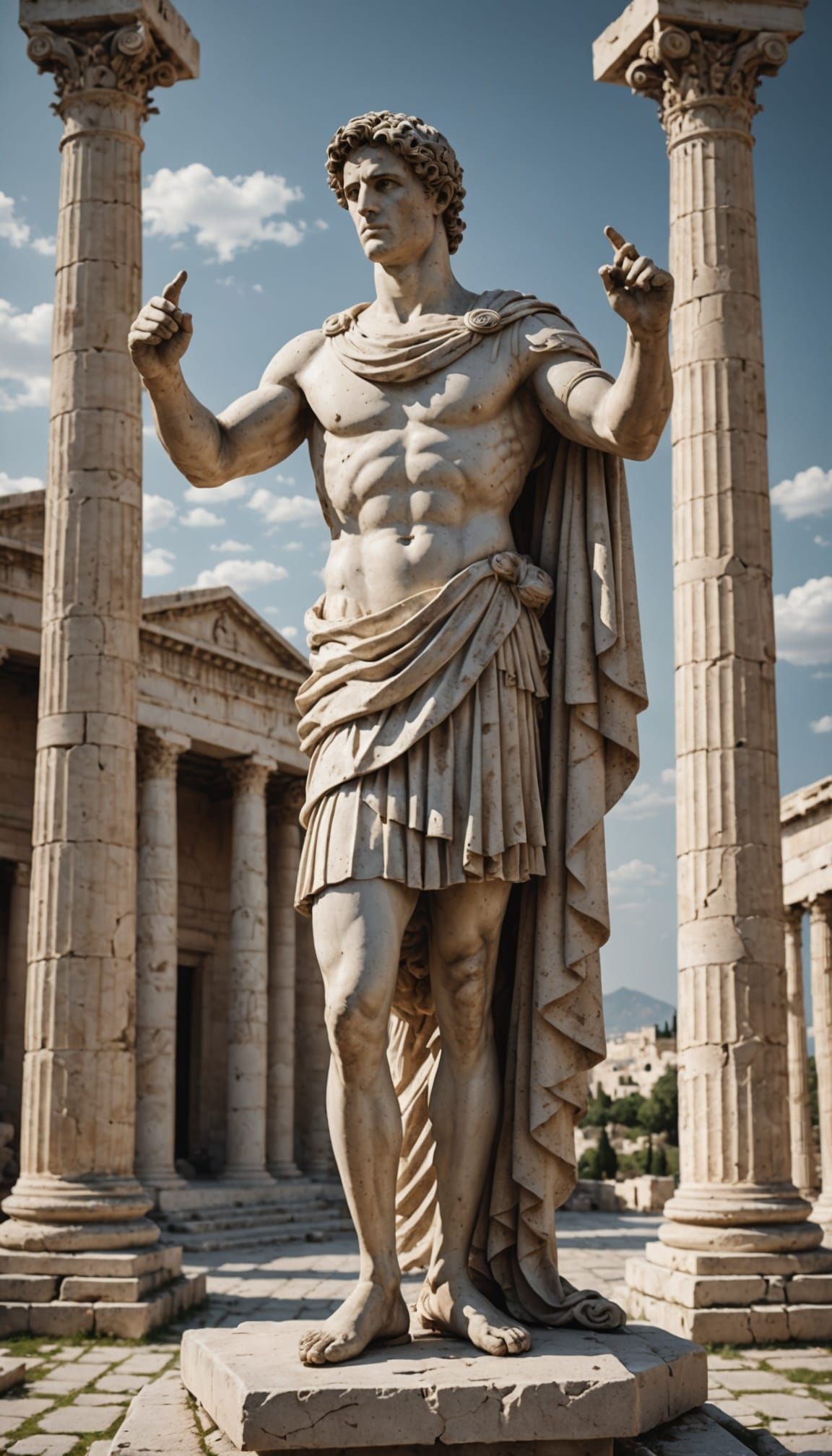 Ancient Roman Warrior in White Marble, Temple Background