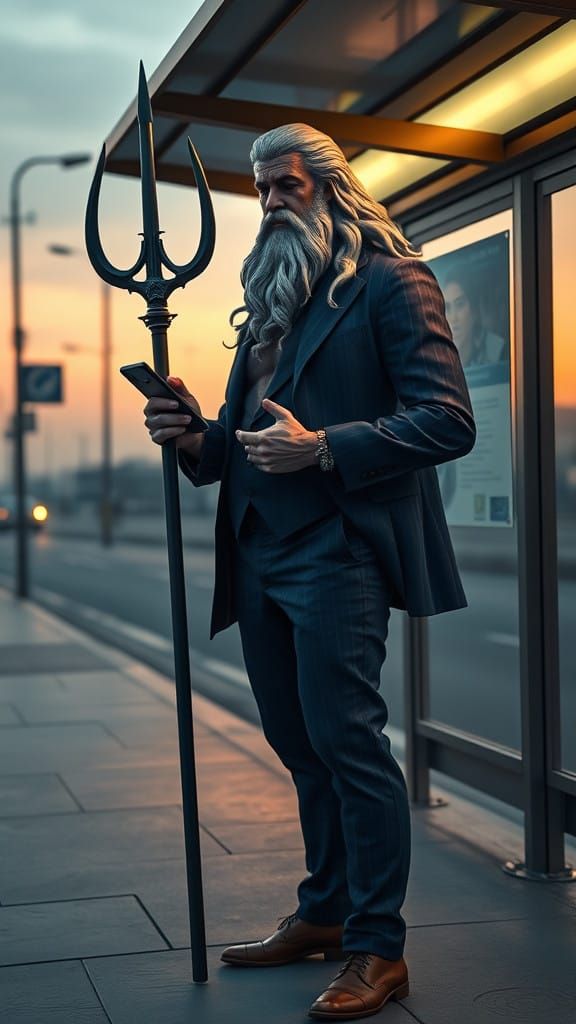 Neptune at the Bus Stop: A Fusion of Myth and Modernity