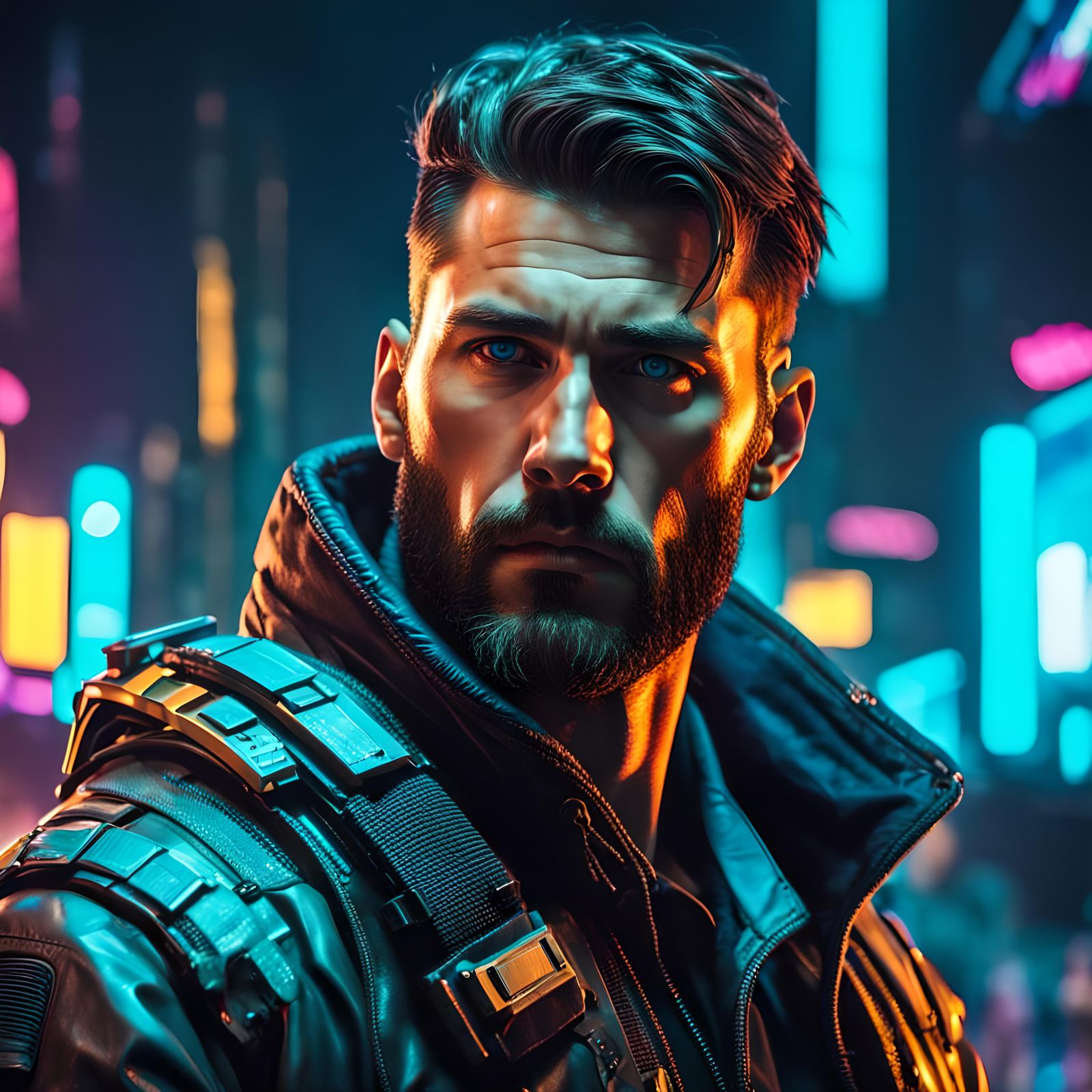 Handsome Cyberpunk Soldier in Eerie Neon Lighting