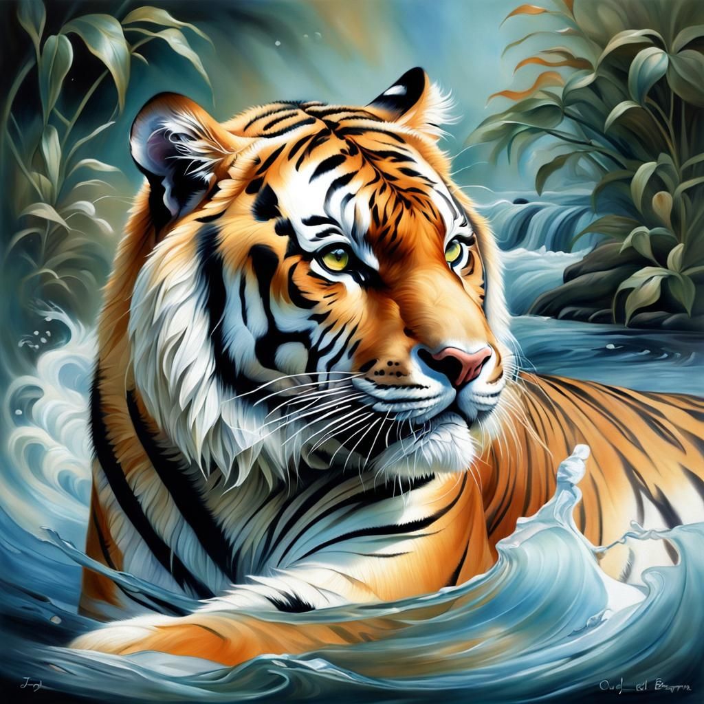 Vivid Tiger Portrait in Oil Painting Style
