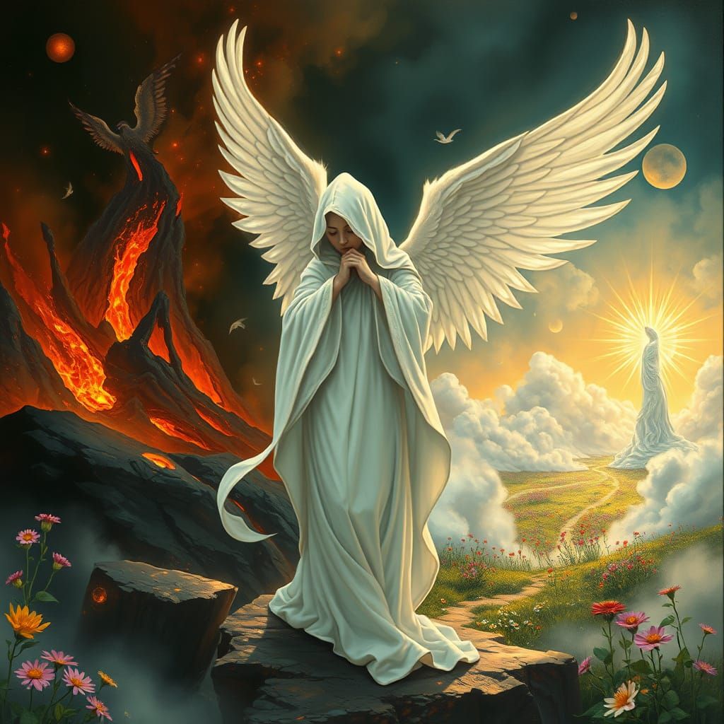 Ethereal Angel at Realm's Threshold in Art Nouveau Style