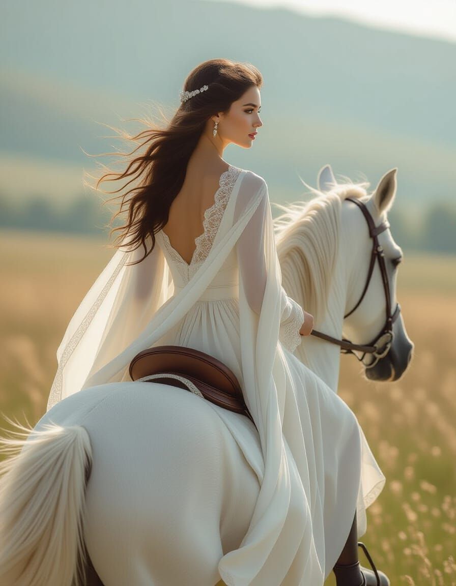 Ethereal Woman on White Stallion in Soft Light