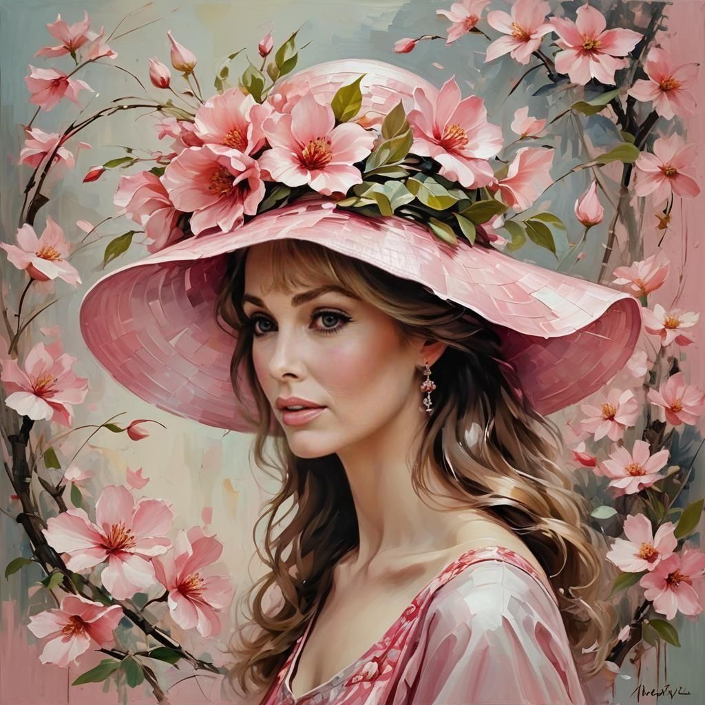Elegant Woman in Flowery Hat: Art Nouveau Oil Painting