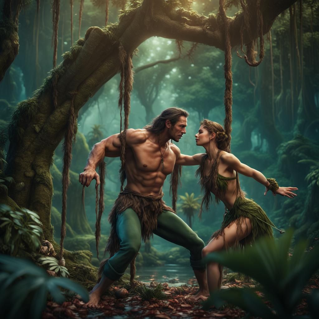Tarzan and Jane Embrace: Fantasy Concept Art