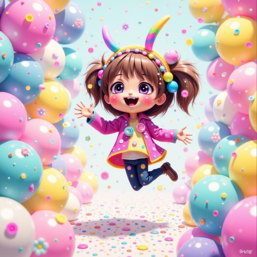 Joyful Tiny Person in Kawaii Style With Confetti
