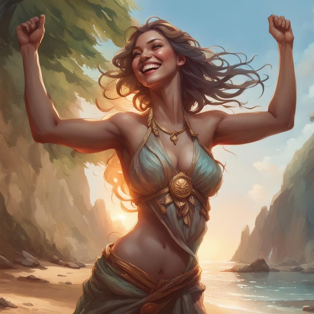 Victorious Woman on Island, Hyperdetailed Art