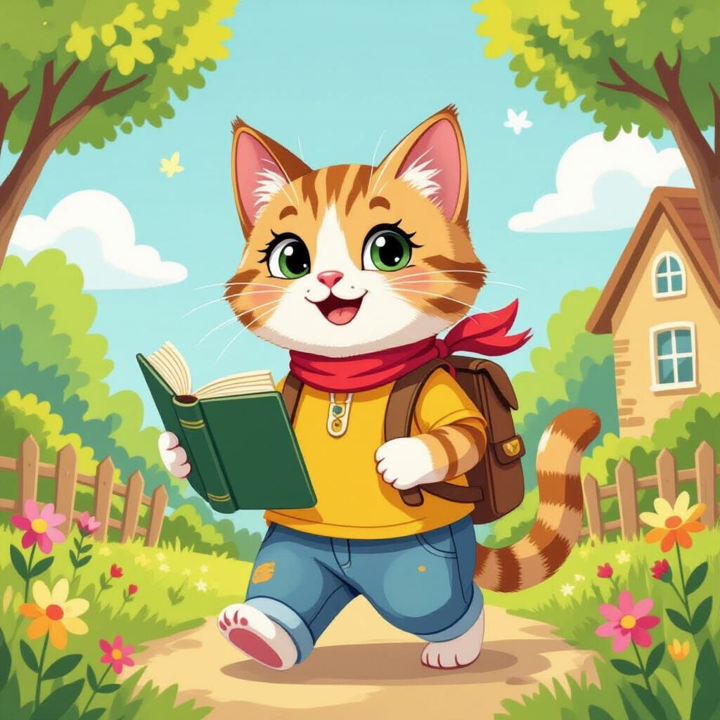 Vibrant Cat with School Book on Sunny Day