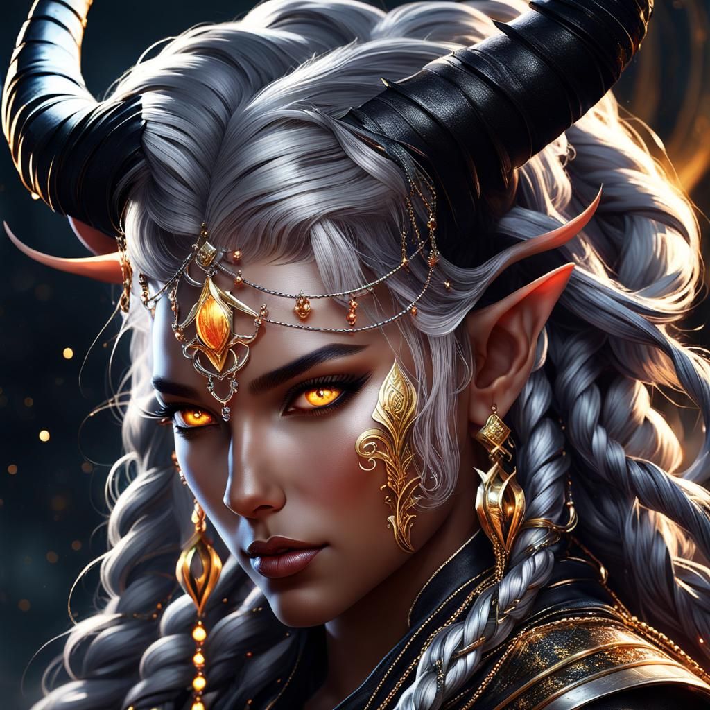 Elegant Tiefling with Silver Hair and Gold Accents