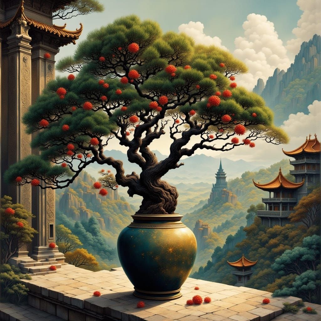 Ancient Pine Tree in Ming Vase Before Chinese Temple