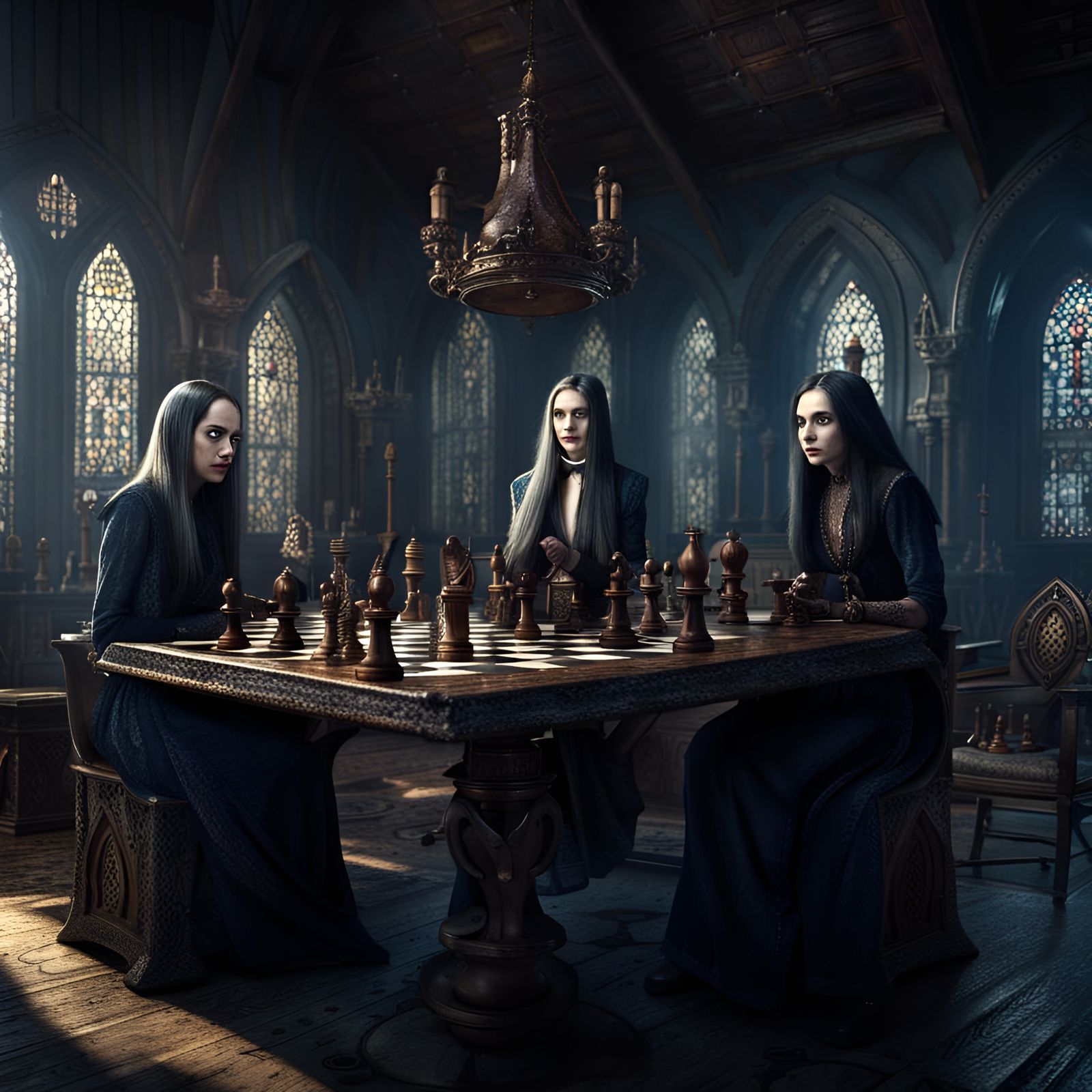 Wednesday Addams Plays Chess: Detailed Matte Painting