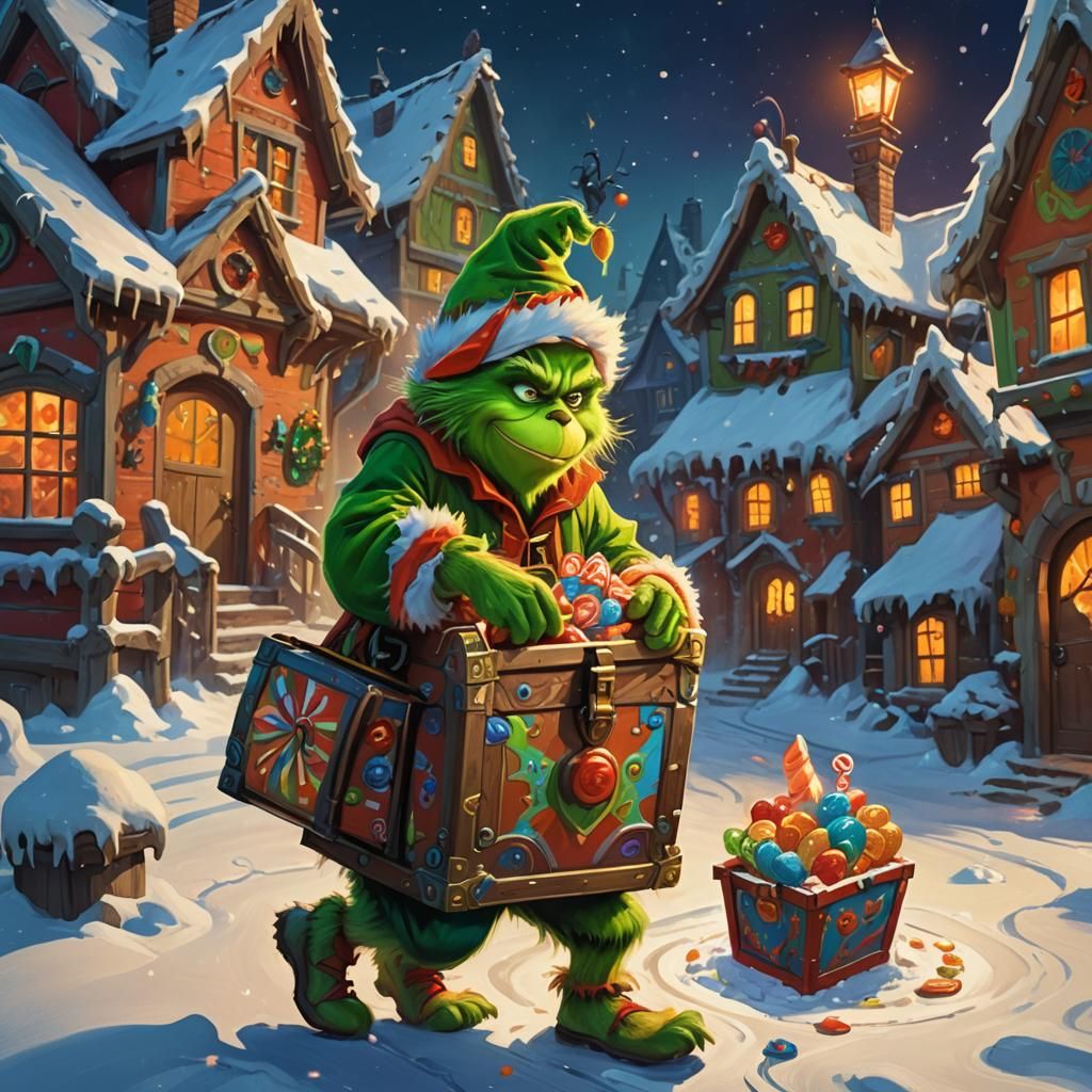 Grinch Toddler Steals Candy: Whimsical Fantasy Art