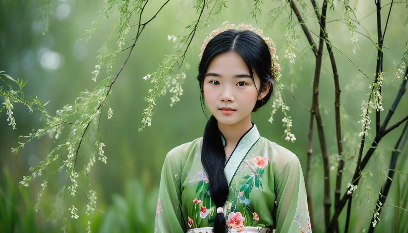 Vietnamese Woman in Garden Portrait, Classic Film Aesthetic