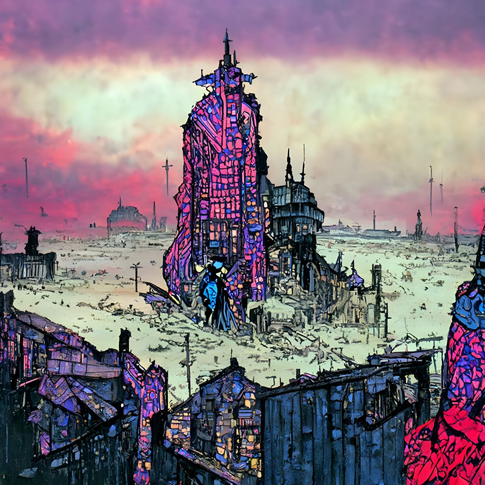 Detailed Derelict Cityscape: Cel-Shaded Illustration
