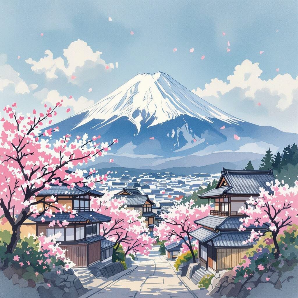 Mount Fuji Cherry Blossoms in Watercolor Style