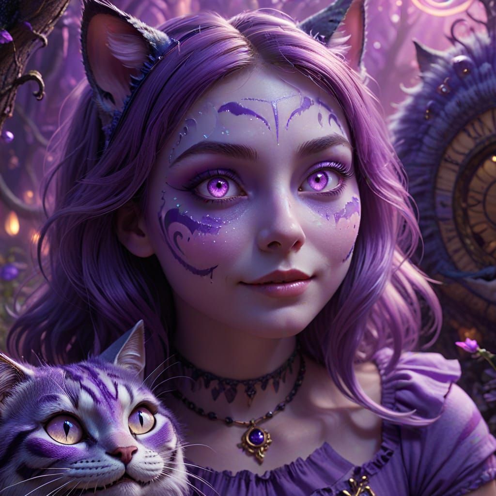 Alice Entranced by the Enigmatic Cheshire Cat in a Dreamlike...