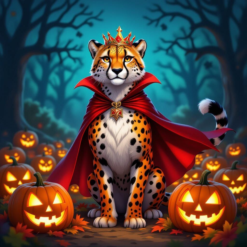 Cheetah Pumpkin King in Glowing Jack-o'-Lantern Patch