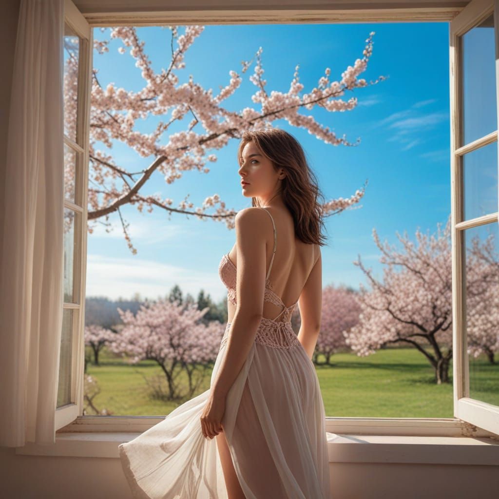 Sensual Cherry Blossom Portrait in Hyperrealistic Style