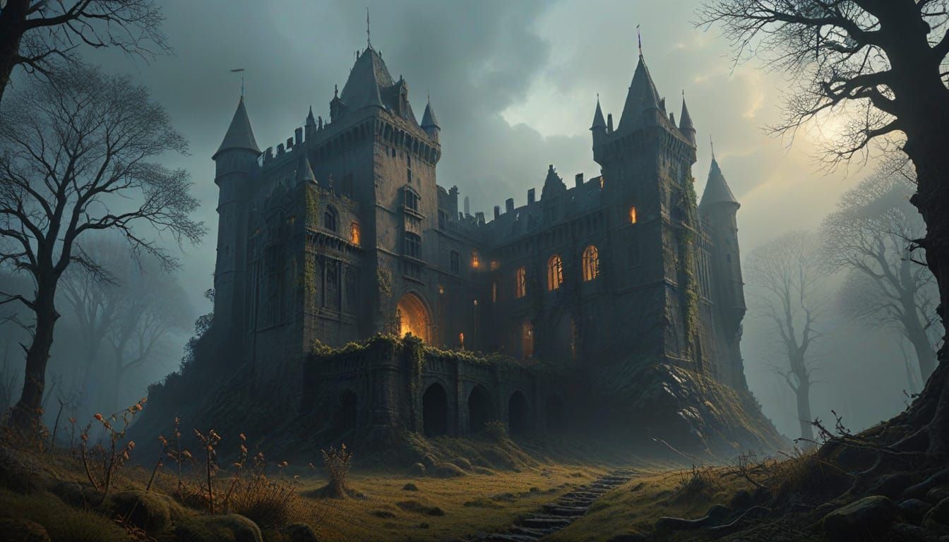 Medieval Castle Enshrouded in Thorny Vines and Shadows