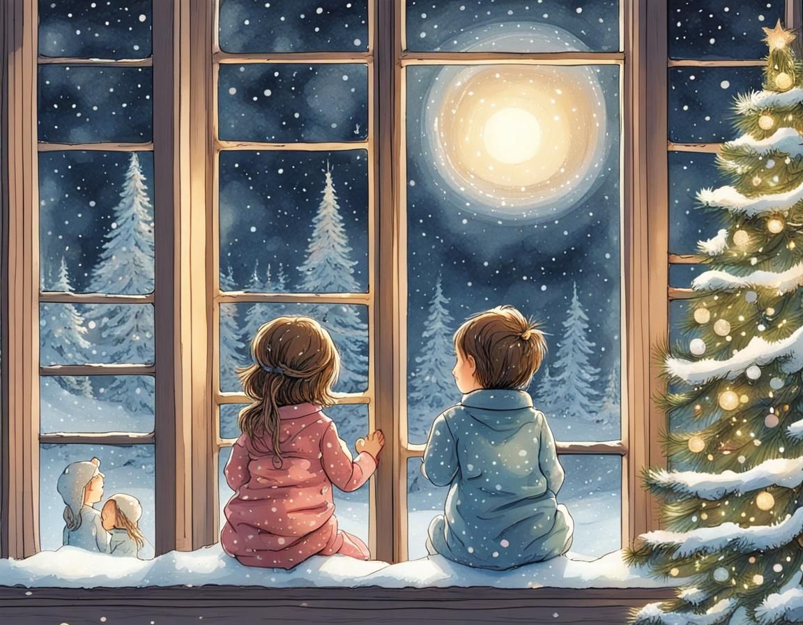 Children Await Santa on Snowy Christmas Eve