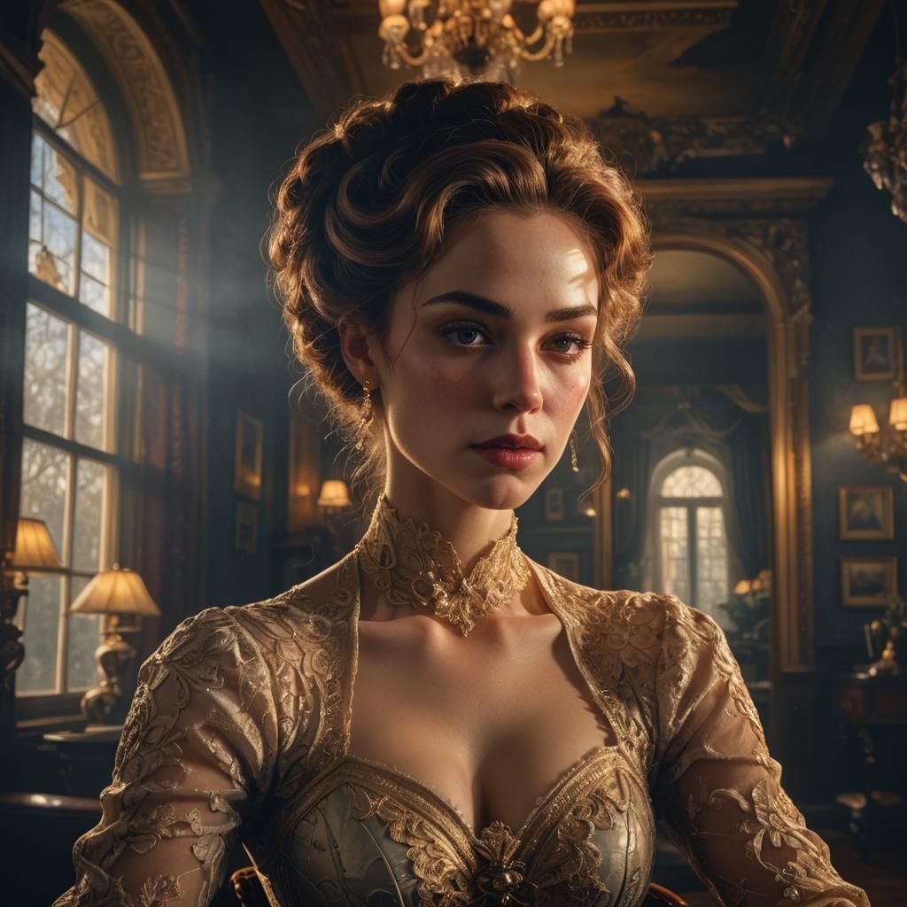 Majestic Woman in Victorian Parlor, Art Nouveau Digital Art