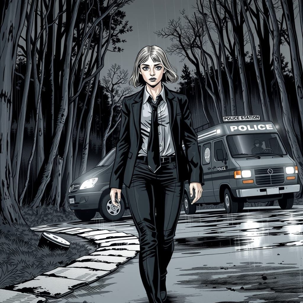 Rainy Night Noir: Woman in Suit, Comic Book Art