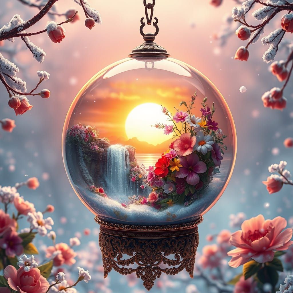 Whimsical Sunset Scene within a Glass Sphere with Exotic Flo...