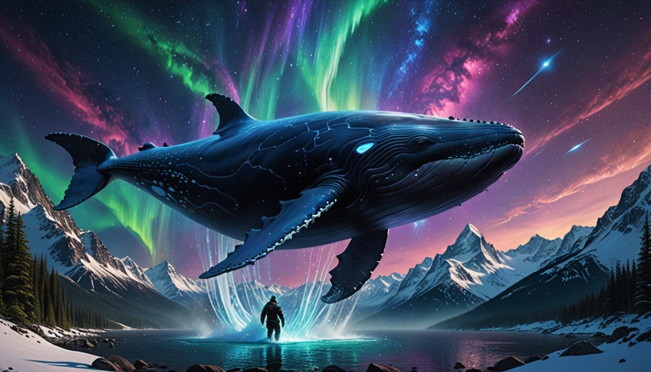 Cosmic Whale Nebula Above Snowy Mountains Fantasy Art