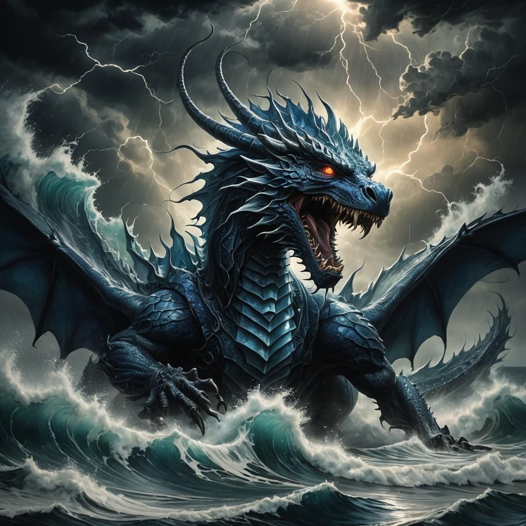 Sapphire Dragon Emerges from Stormy Ocean