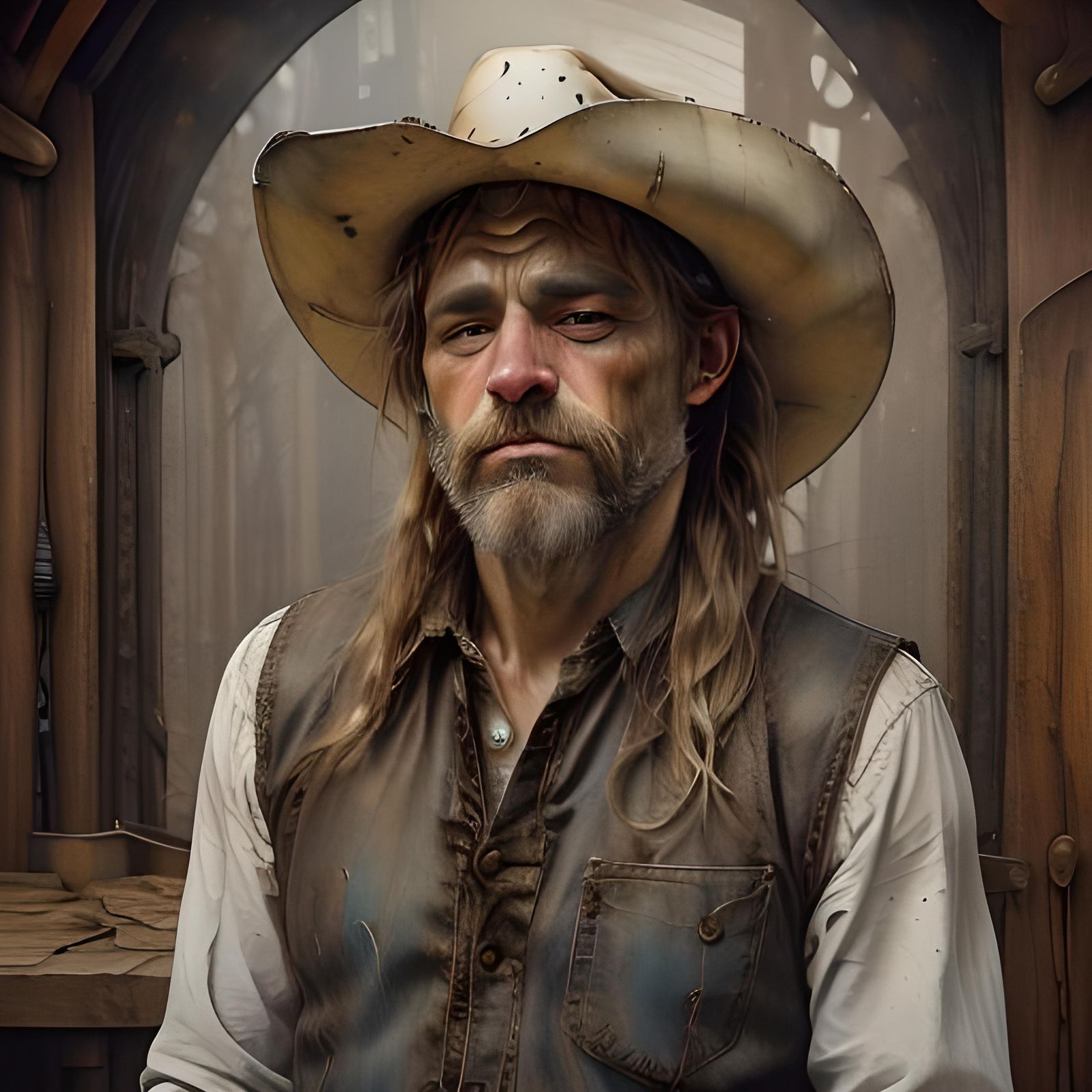 Western Woman in Rustic Barn, Rockwell Style