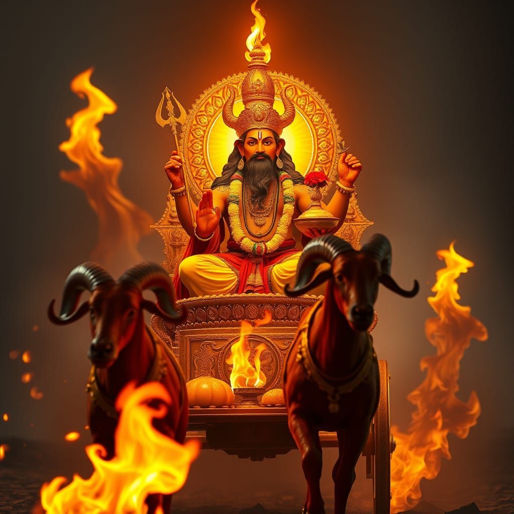 Agni, God of Fire, Radiates Divine Light on Golden Chariot