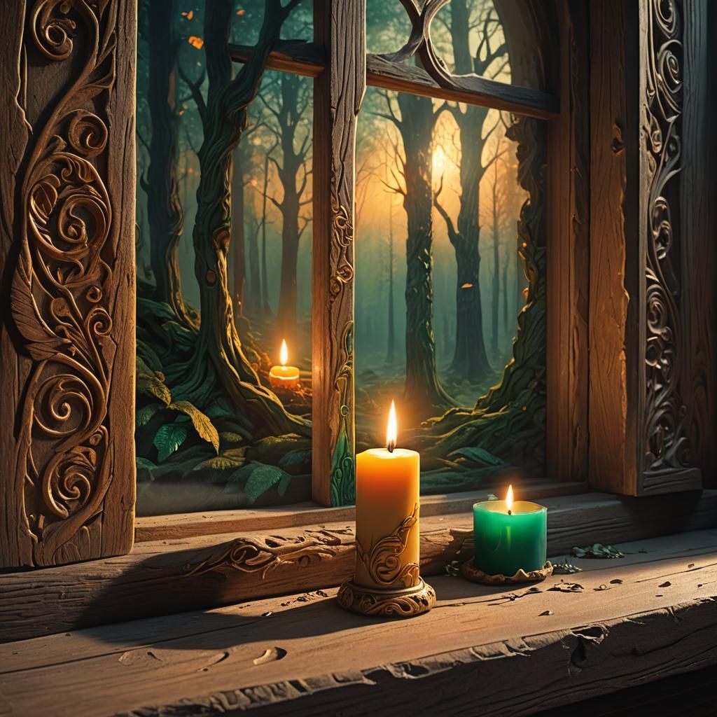 Mystical Candlelight Illuminates Ancient Forest Scene