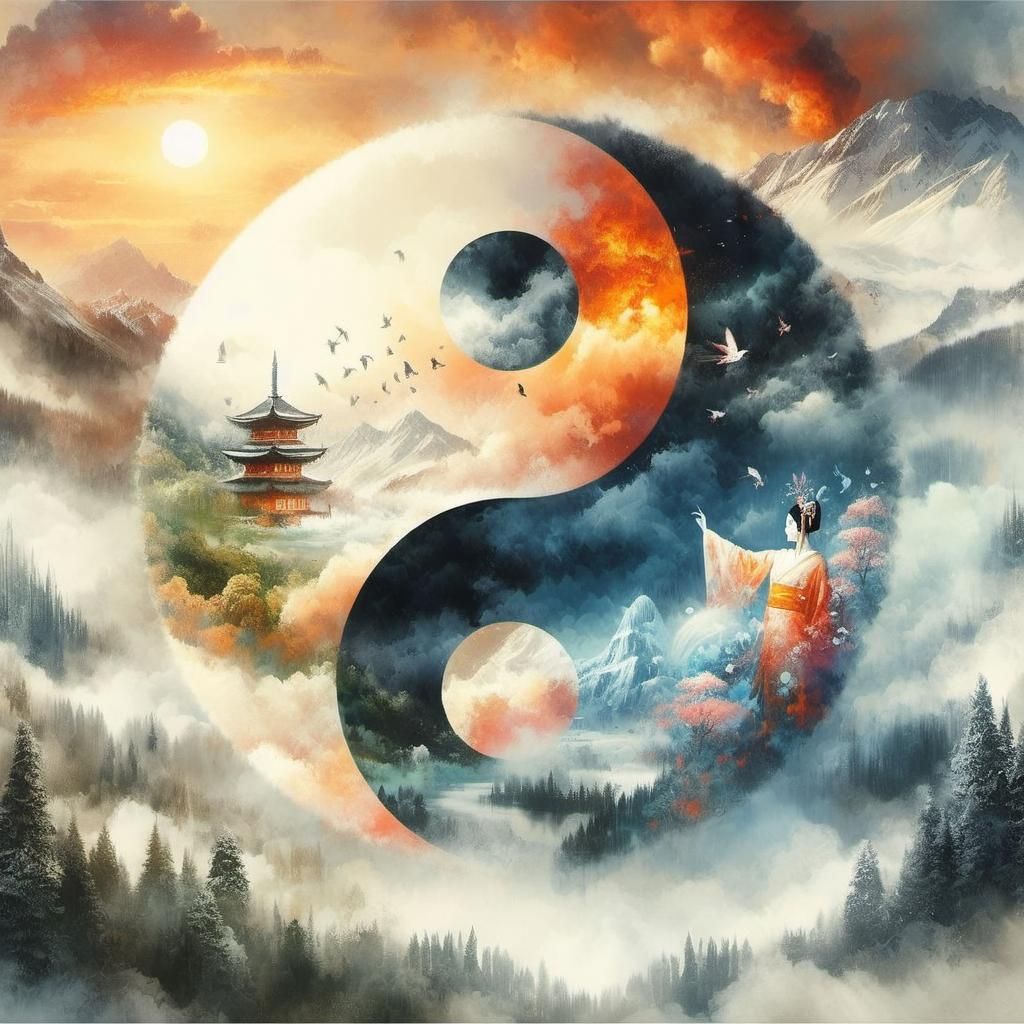 Yin and Yang Landscape in Watercolor Style