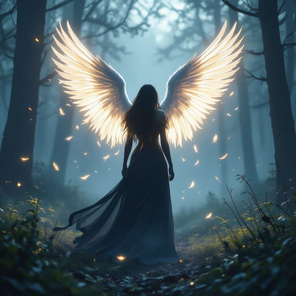 Ethereal Angel with Glowing Wings in Twilight Forest