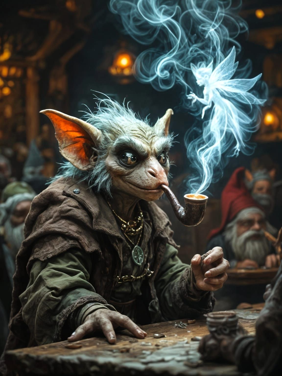 Mischievous Kobold Smoking Pipe in Fantasy Tavern