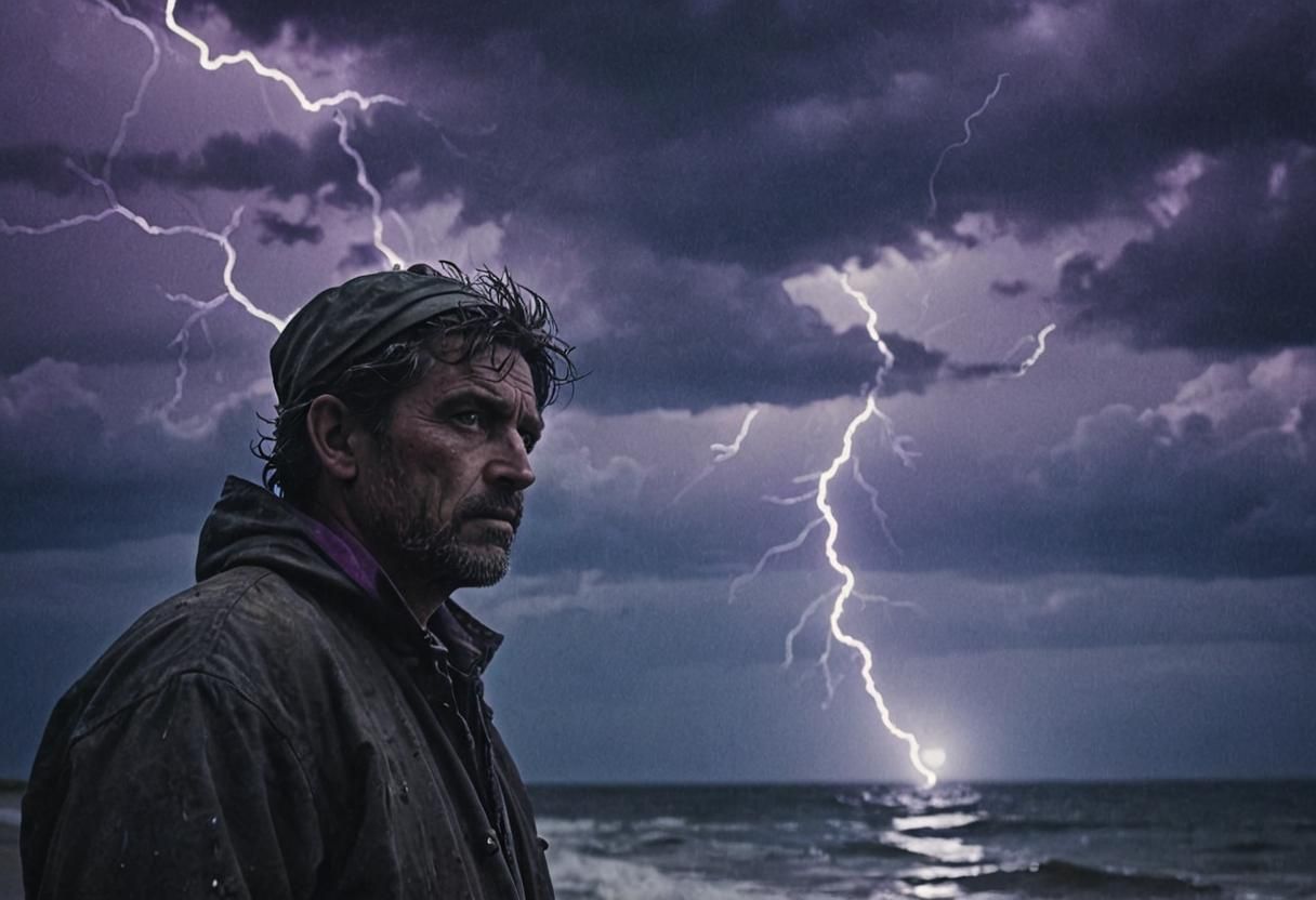 Lonely Fisherman in Stormy Weather