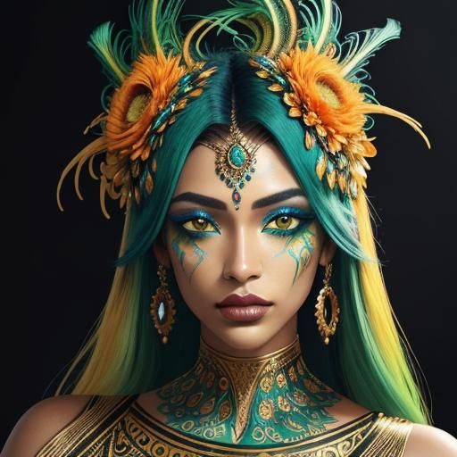Abstract Portrait: Golden Woman with Peacock Feathers