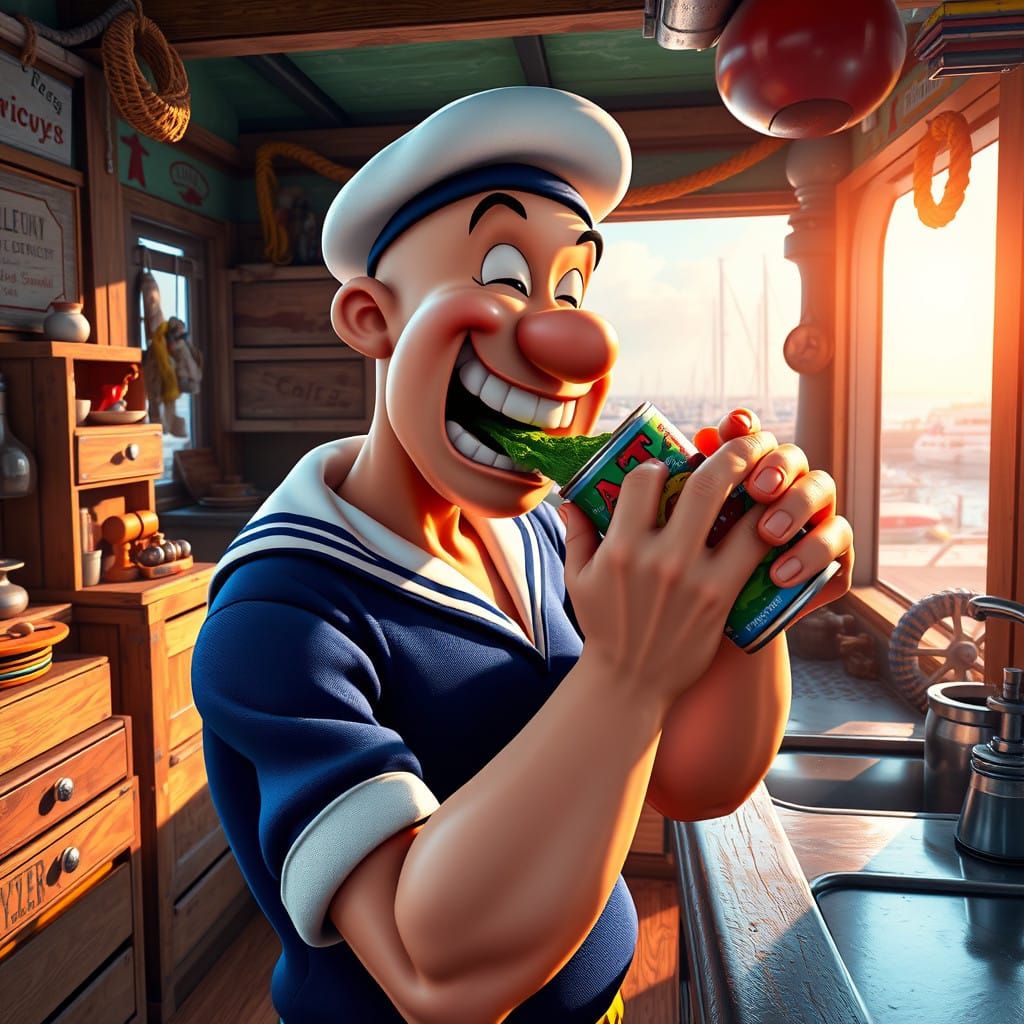 Sailor Man Devours Spinach in Sun-Drenched Dockside Kitchen