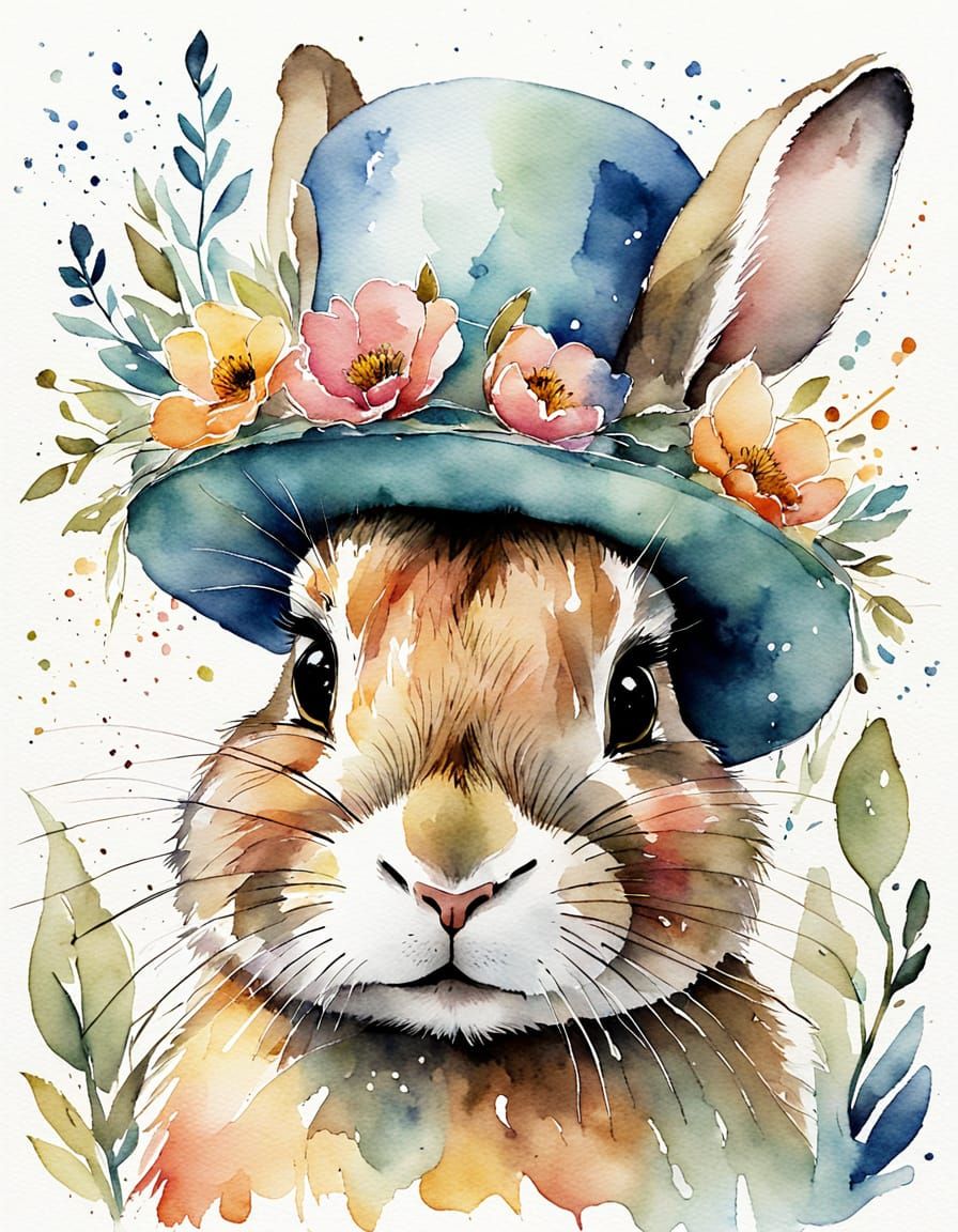 Watercolor Bunny in Whimsical Spring Hat