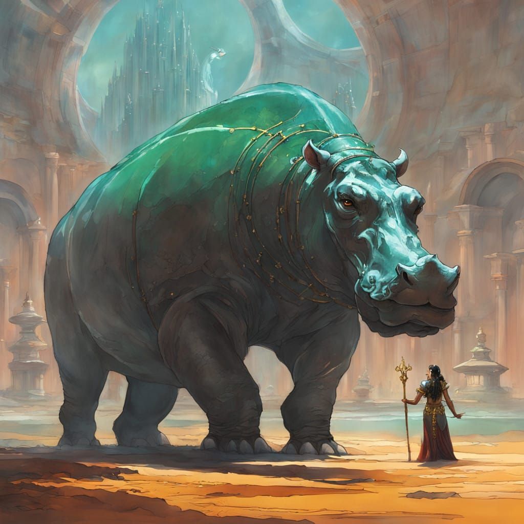 Golden Warrior Guards Hippo Dynasty in Futuristic Mystic Dan...