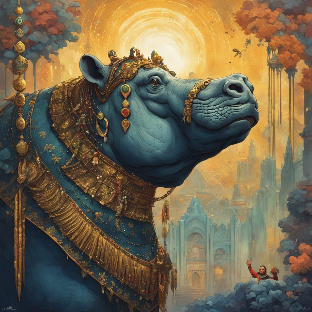 Majestic Hippo Warrior in Golden Armor, Protected by Haneko...